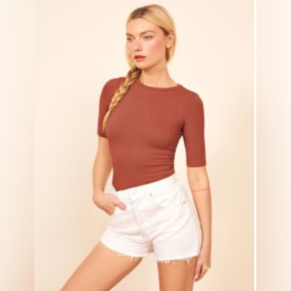 Reformation Ribbed Long Sleeve Top in Rust Janine Knit Top
